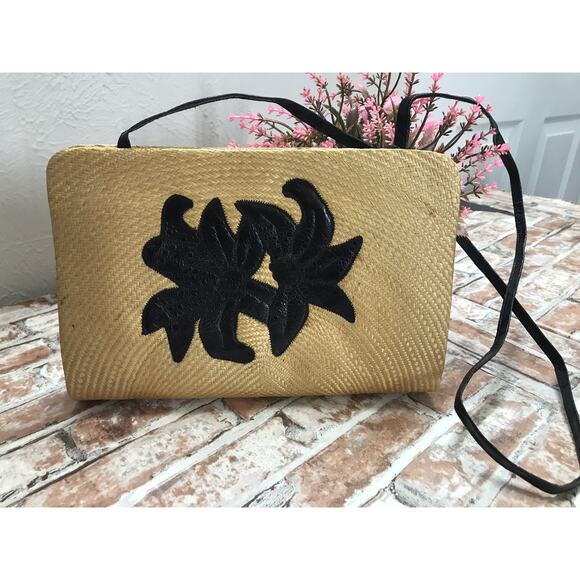 Rare Vintage Woven Straw Crossbody Clutch Bag Floral Embroidered Shoulder Purse - Picture 2 of 5